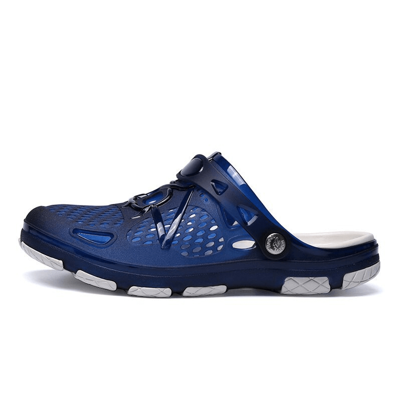 Men's blue lightweight breathable open heel beach flip flops with locking strap and rubber outsole.
